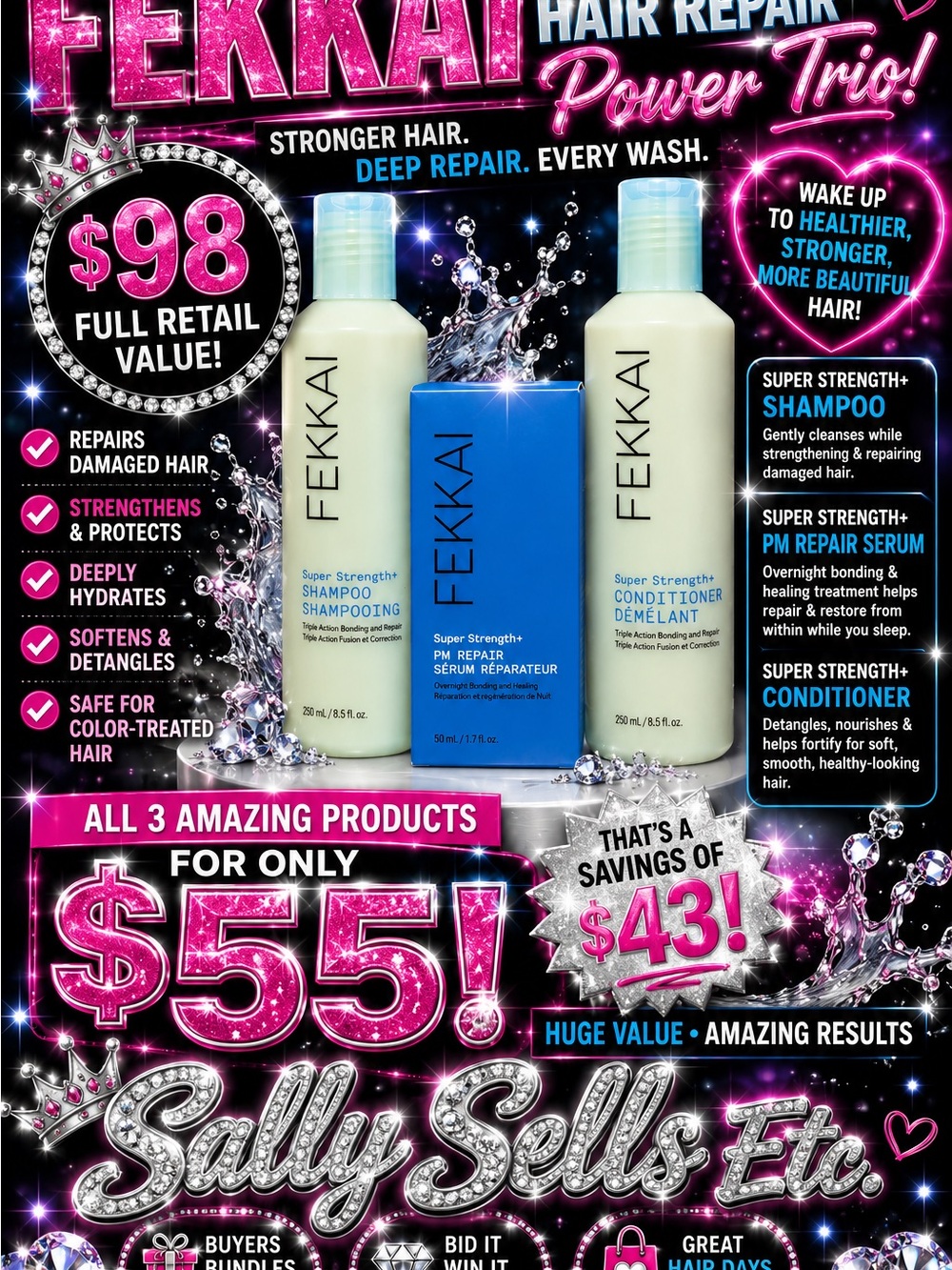 Fekkai Super Strength+ Shampoo & Conditioner Set - Cream (Hair Repair Trio)